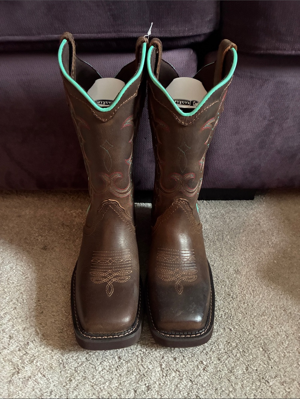 Justin Brown Leather Cowboy Boots with Turquoise Trim